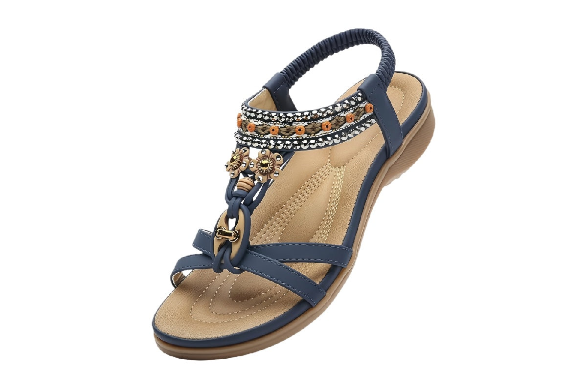 Women¡¯s Blue Beaded Flat Sandals | walkverve Brand | Elastic Strap Comfortable Summer Beach Sandals