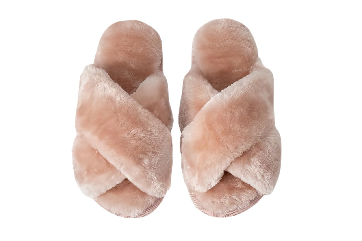 Kids Cross-Band Plush Slippers (Beige Pink) | walkverve Brand | Soft Warm Indoor Non-Slip Slippers