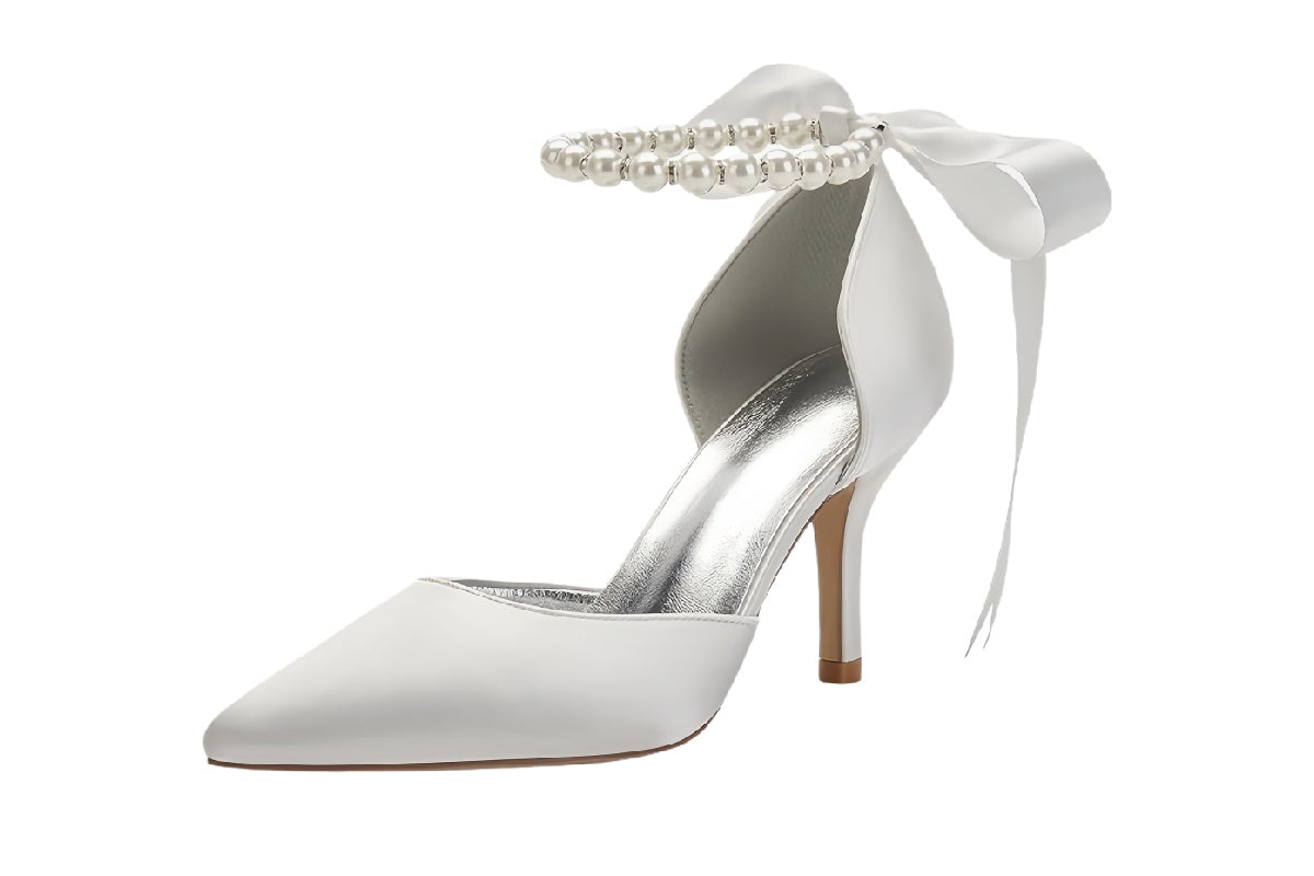 Women¡¯s White Pearl Bow High Heels | walkverve Brand | Pointed Toe Bridal Pumps