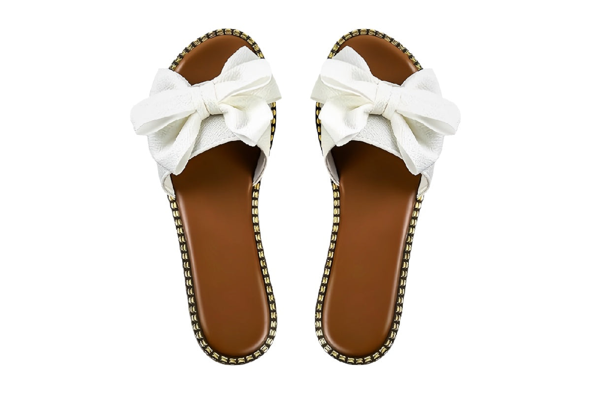 Women¡¯s White Bow Flat Slide Sandals | walkverve Brand | Summer Casual Non-Slip Slippers