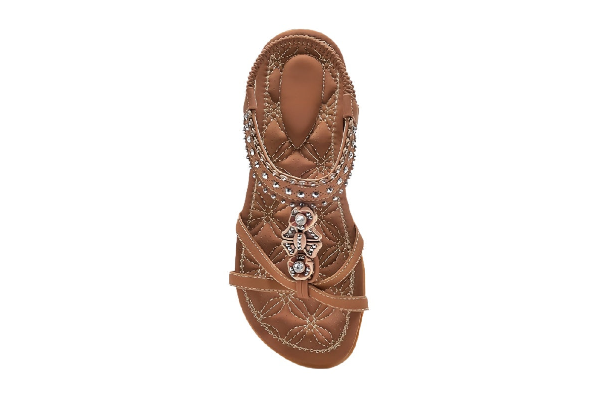 Women¡¯s Brown Rhinestone Flat Sandals | walkverve Brand | Elastic Strap Summer Beach Sandals