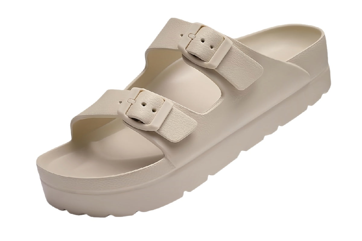 Women¡¯s Beige Platform Double Buckle Slides | walkverve Brand | Lightweight Non-Slip Summer Sandals