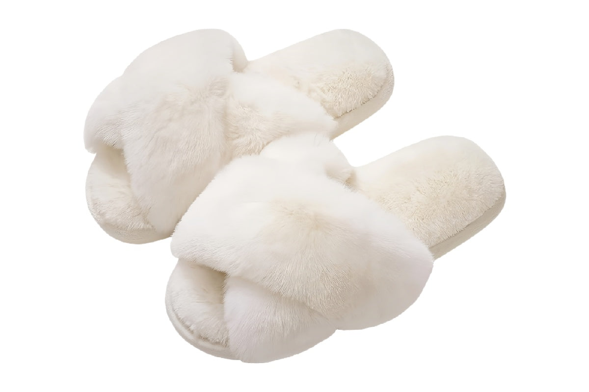 Women¡¯s White Cross Faux Fur Slippers | walkverve Brand | Cozy Indoor Plush House Slippers