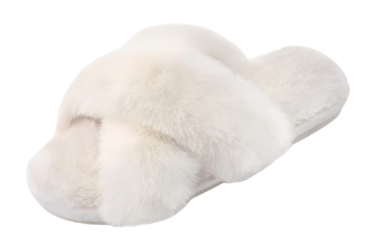 Women¡¯s Cross-Band Plush Slippers | walkverve Brand | Off-White Warm Non-Slip Indoor Slippers